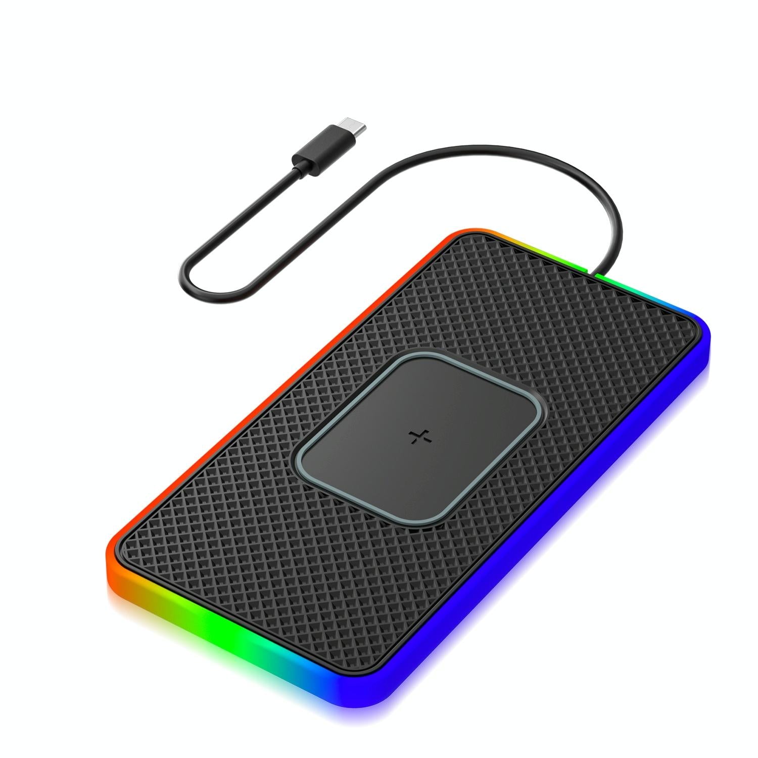 15w 2-in-1 Car Wireless Charger with Non-slip Mat and Colourful Light - 0.3m Usb Cable - Usb-C/Type-C Cable 1M