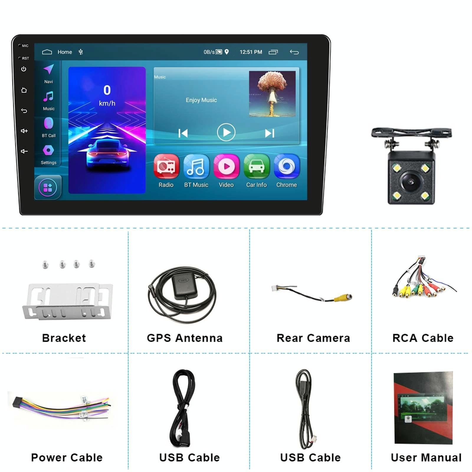 10 Inch Car Android Navigation Screen With Carplay - 2 + 64G Standard + 4Lights Camera