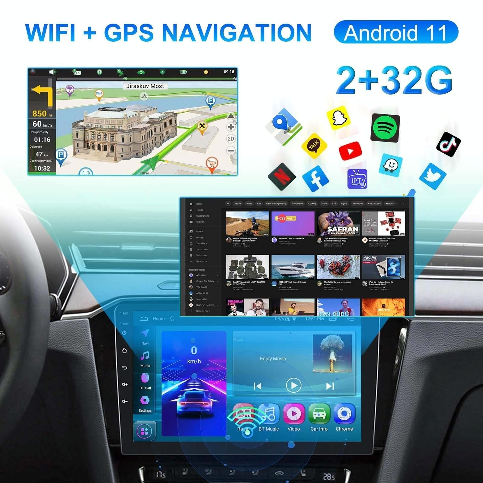 10 Inch Car Android Navigation Screen With Carplay - 2 + 64G Standard + 4Lights Camera