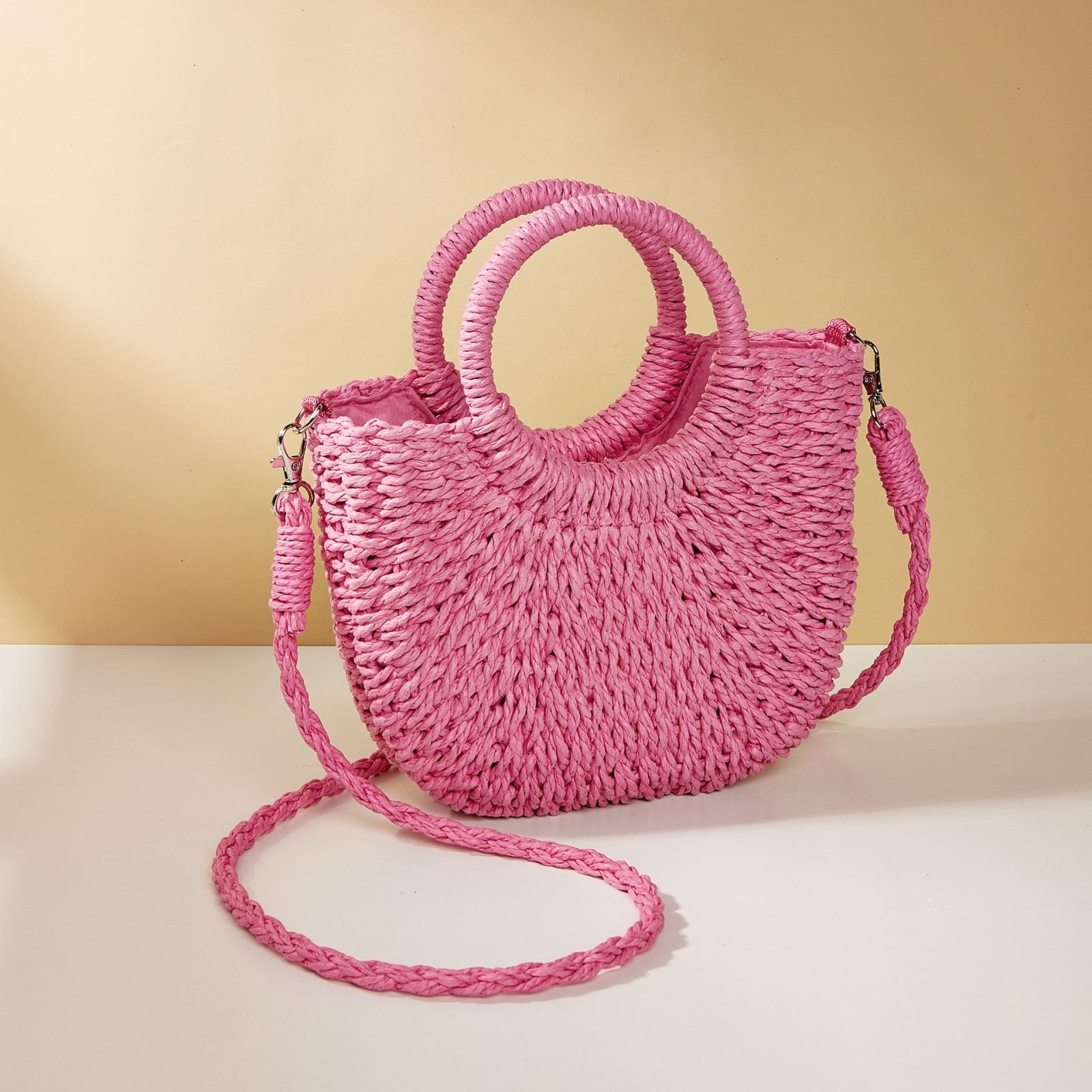 Beige Half Moon Straw Tote Woven Beach Bag - Rose Red