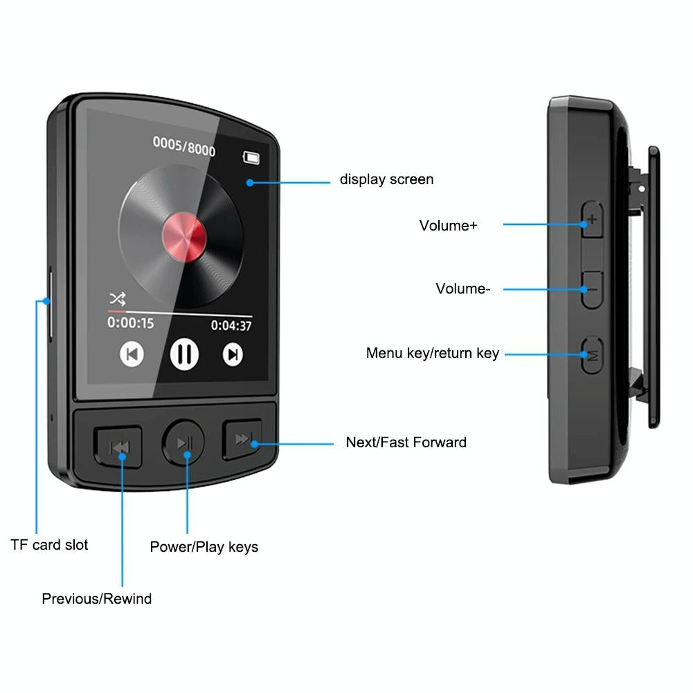1.8 Inch Color Screen Mp3 / Mp4 Bluetooth Walkman With Back Clip - 16Gb