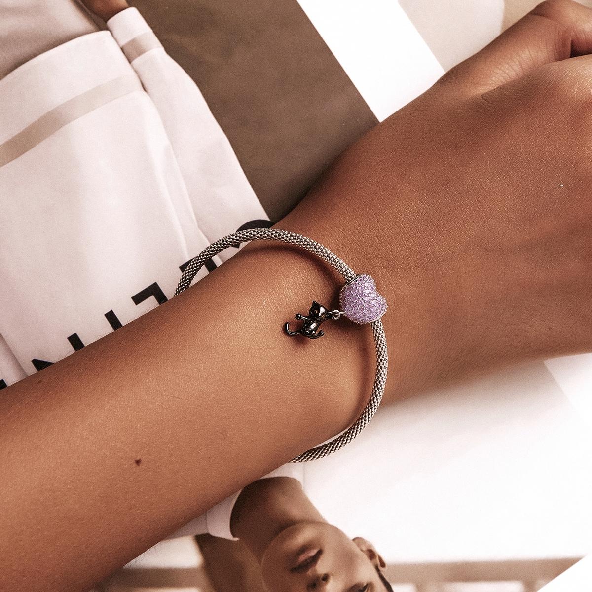 925 Sterling Silver Heart Cat Pendant For Diy Bracelets & Necklaces