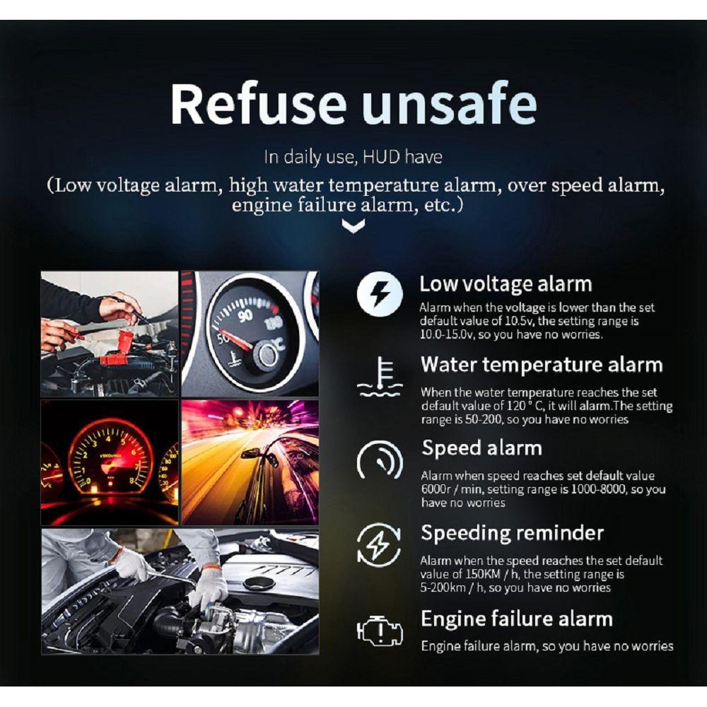 Car Head Up Display Hud Overspeed Temp Voltage Engine Failure Fatigue Reminder Navigation