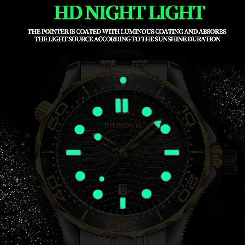 30m Waterproof Men Sports Quartz Watch - Black Steel with Luminous White Surface