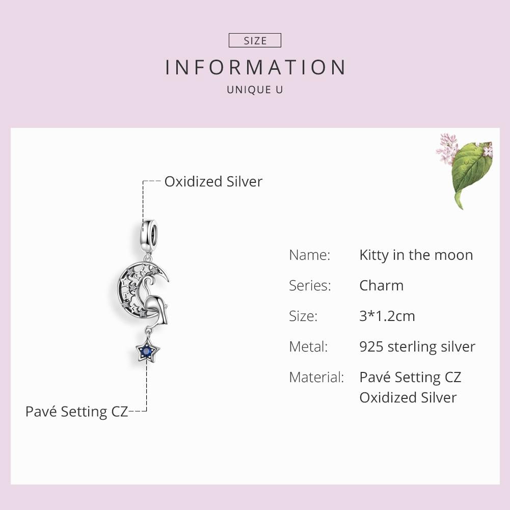 925 Sterling Silver Moon Cat Pendant For Bracelet Or Necklace