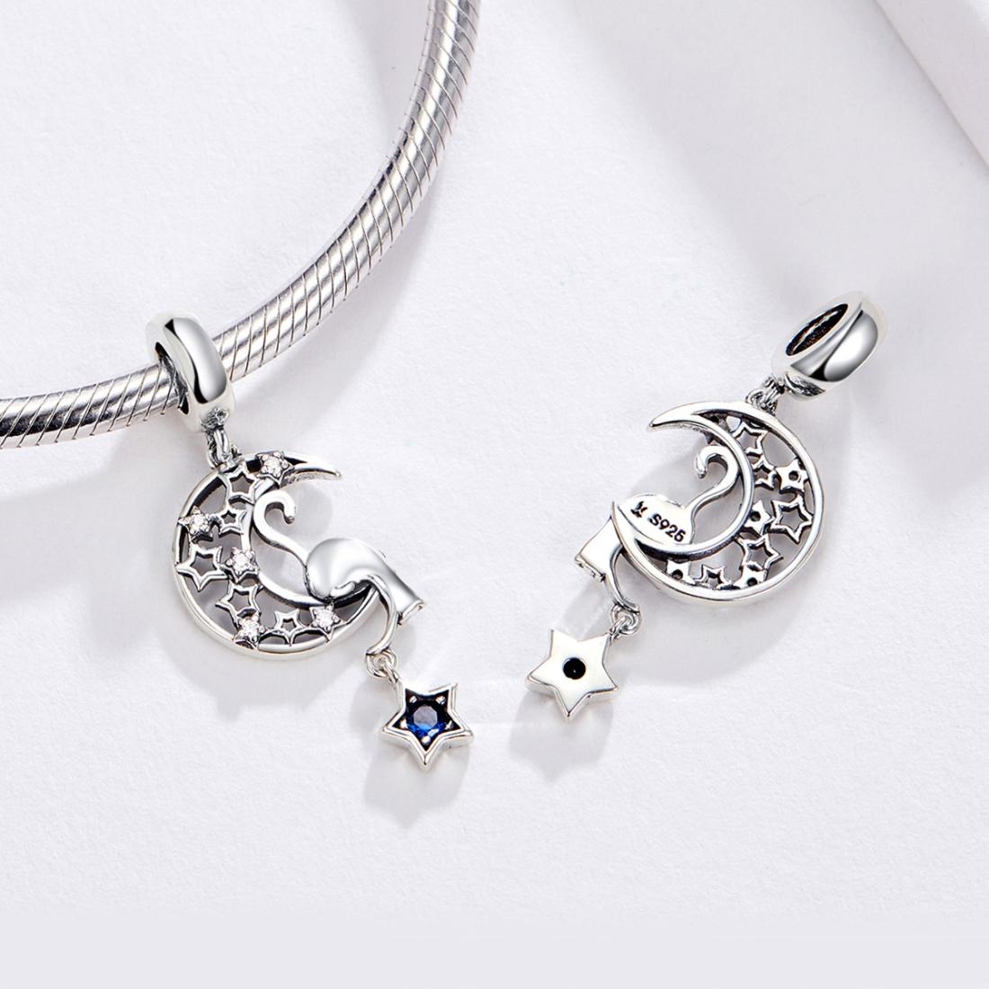 925 Sterling Silver Moon Cat Pendant For Bracelet Or Necklace