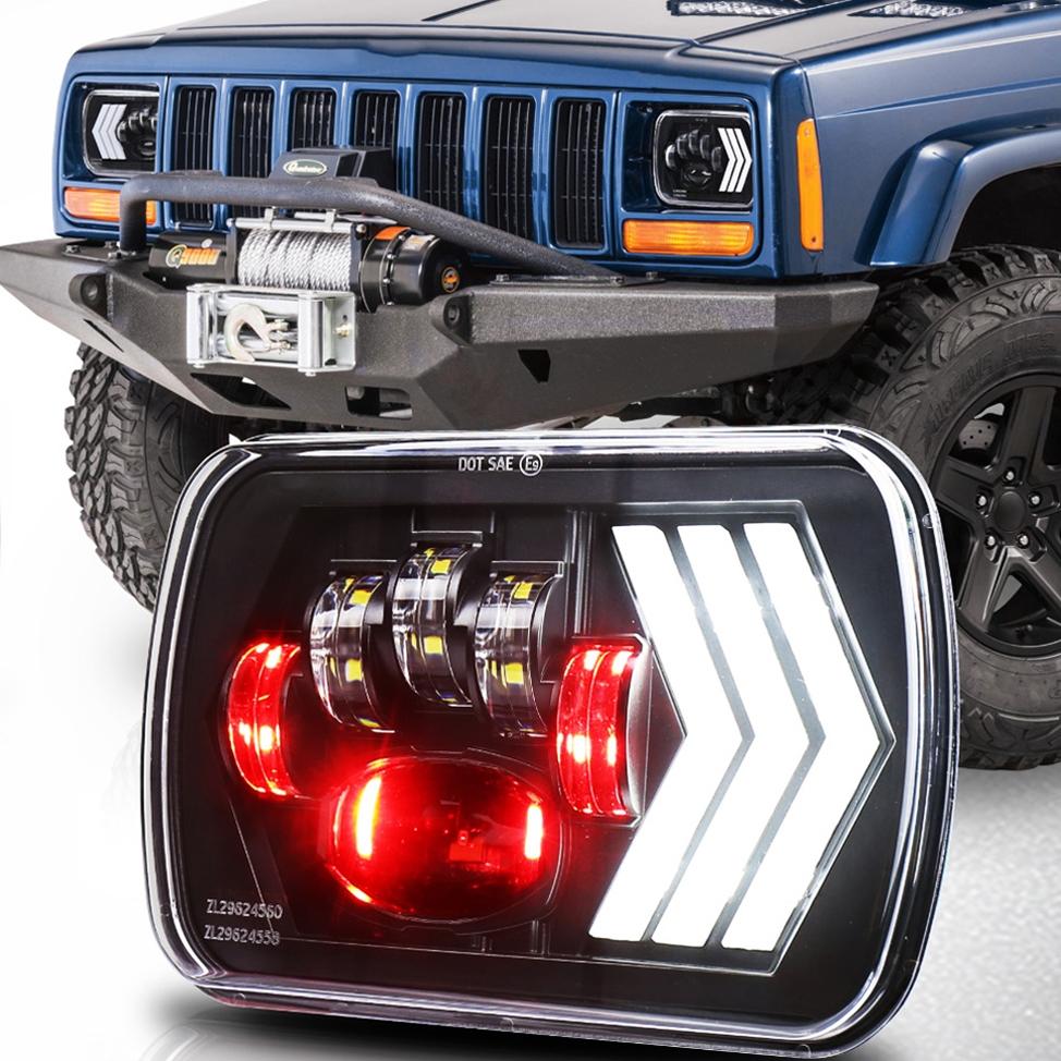 2 Pcs 5X7 Inch Car Modified Red Background Led Square Headlamp For Jeep Wrangler
