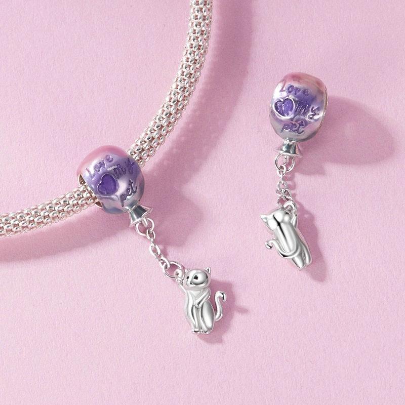 925 Sterling Silver Hot Air Balloon Cat Pendant