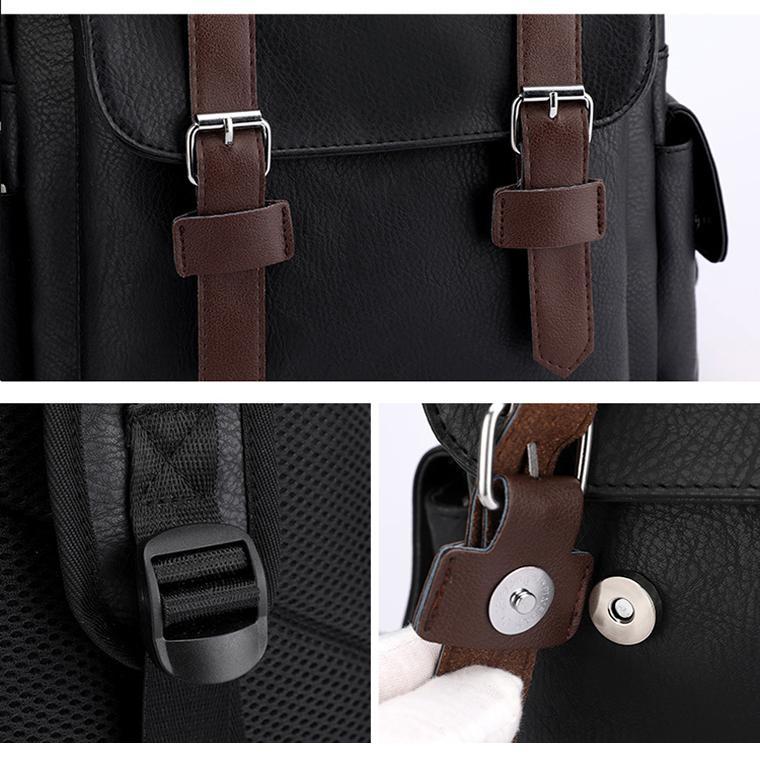 Large Capacity Pu Leather Laptop Backpack For Travel & School - Black