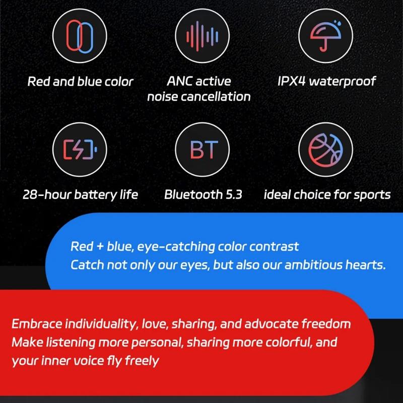 Wireless Noise-cancelling Bluetooth Earbuds - Music Cube - Red Blue