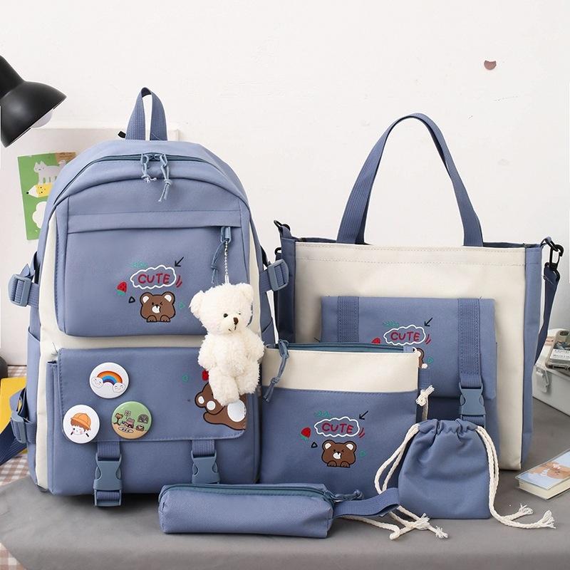 Adorable 5-piece Girls Backpack Set with Bear Design - Blue