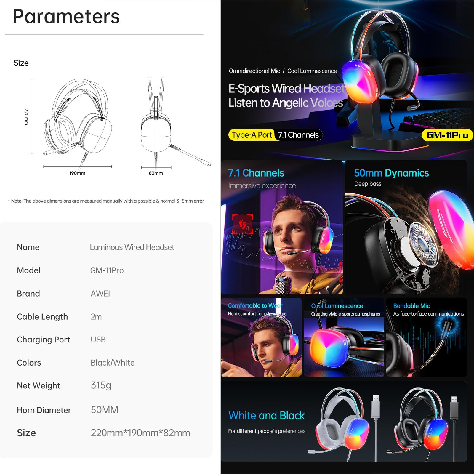 Pro Luminous Wired Headphones 2M Cable - Black