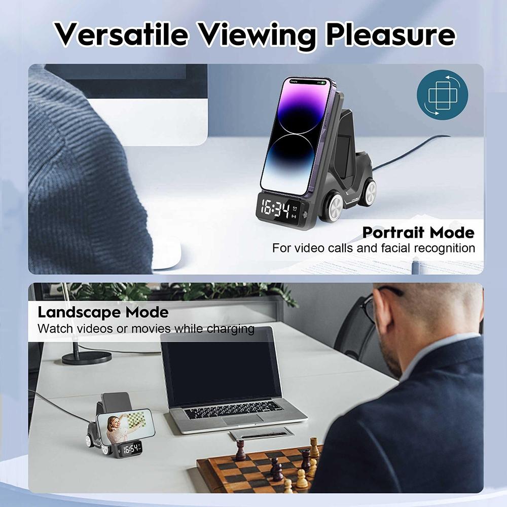 5 In 1 Car Desktop Alarm Clock With Wireless Charging - White