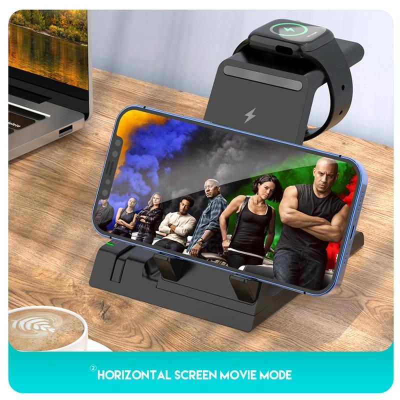 6 In 1 Wireless Charging Stand With Usb C Port & 8 Pin Cable - Black