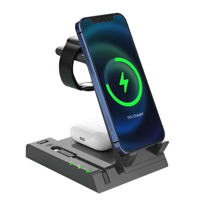6 In 1 Wireless Charging Stand With Usb C Port & 8 Pin Cable - Black