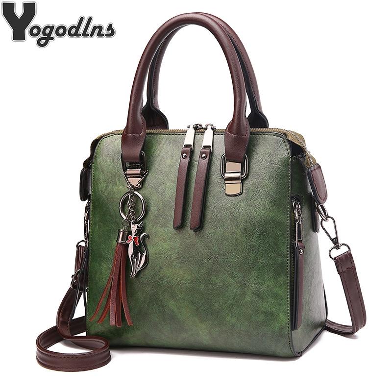 Designer Leather Crossbody Tote with Tassel for Women - Army Green