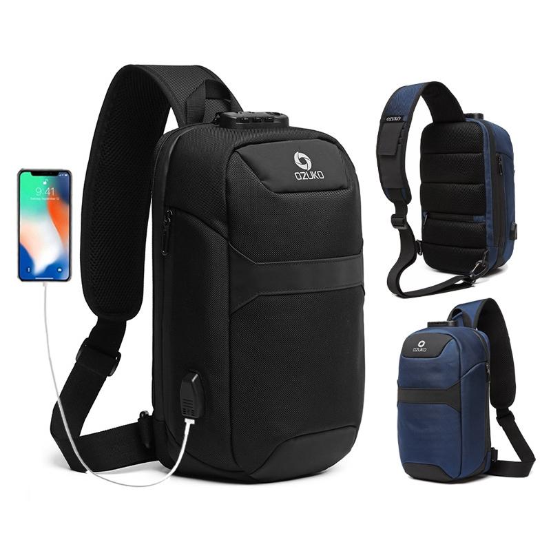 Waterproof Anti Theft Chest Bag With Usb Port Men Outdoor Messenger Bag Dark Blue