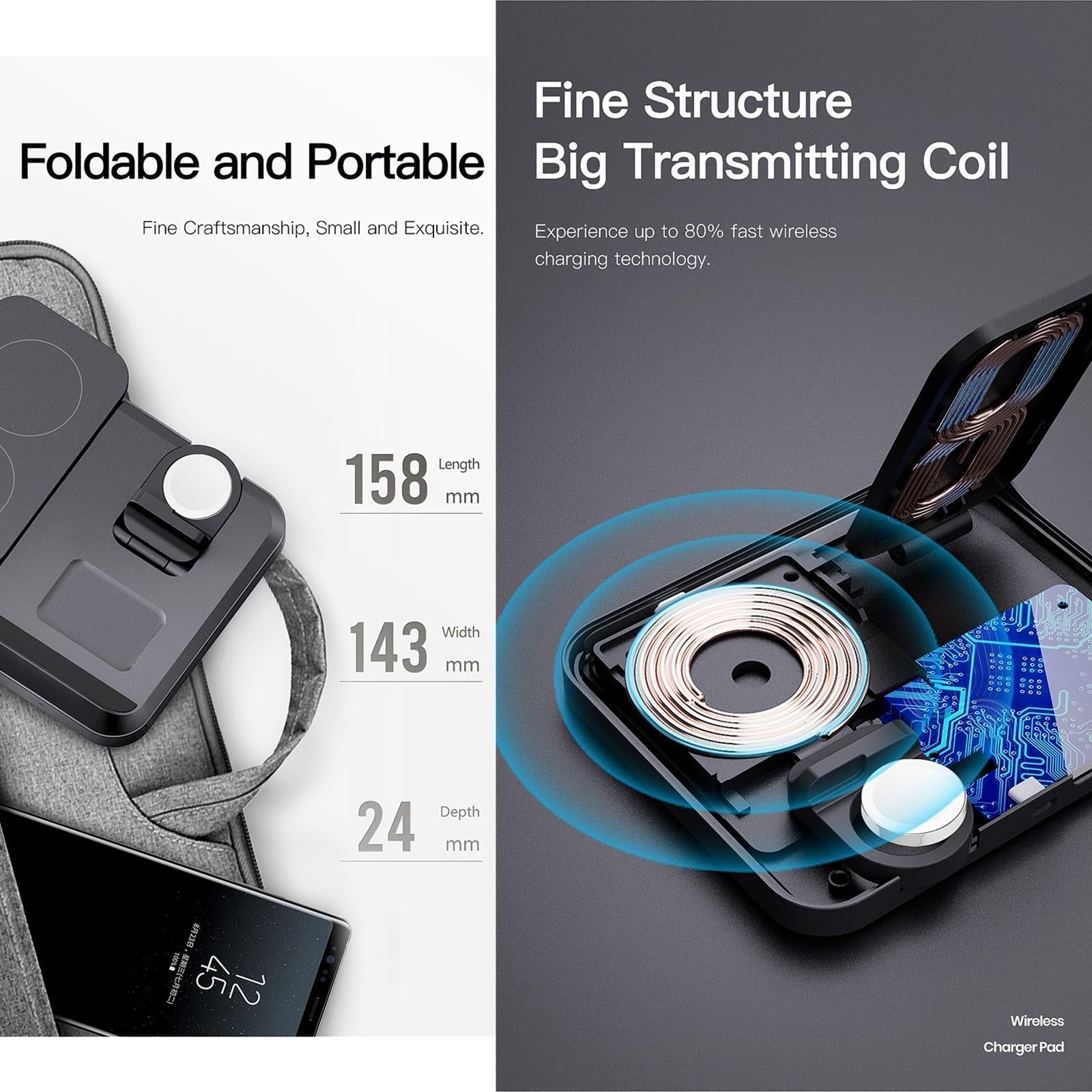 15W 3 In 1 Foldable Wireless Charger - Black