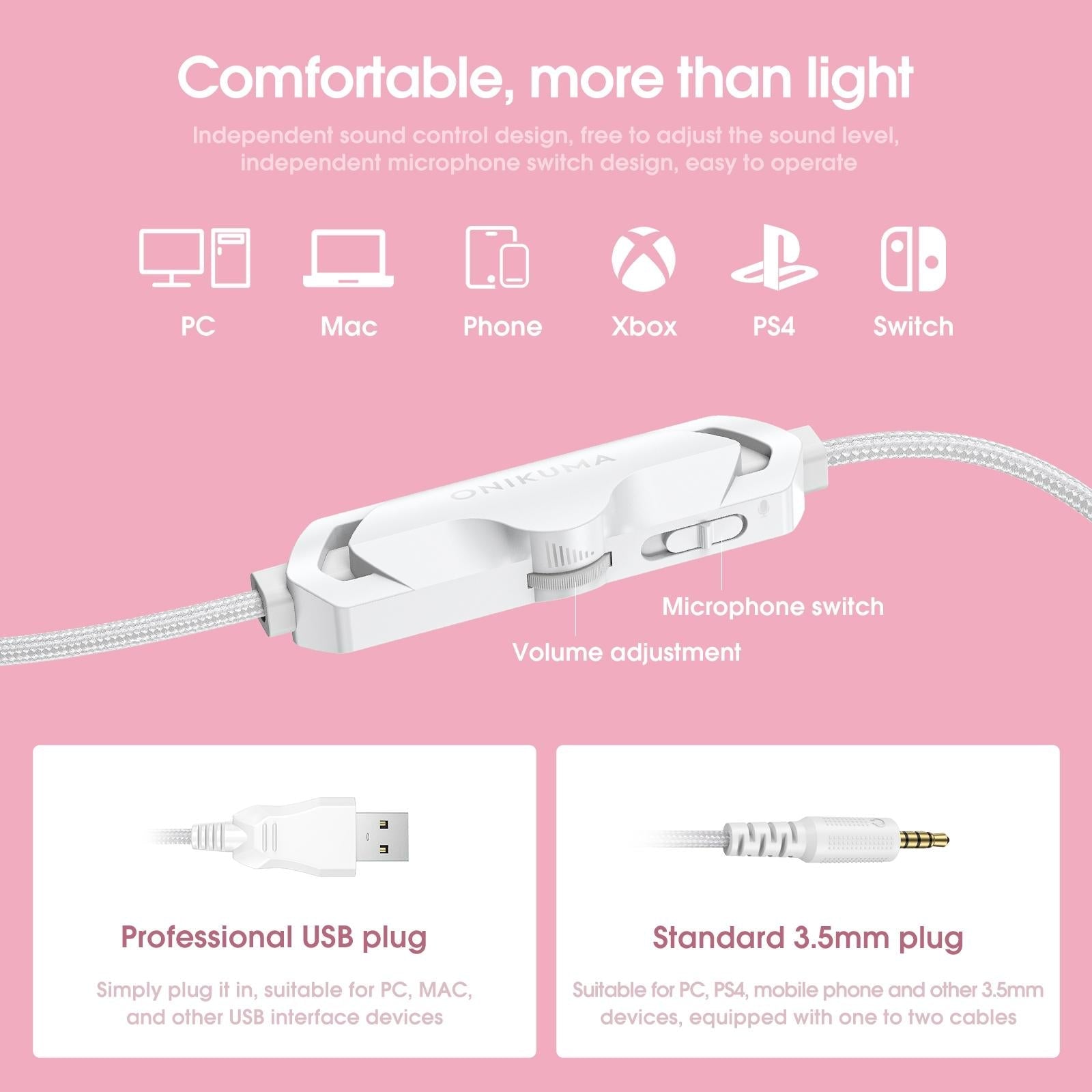 Adjustable Led Gaming Headset With Mic White Pink