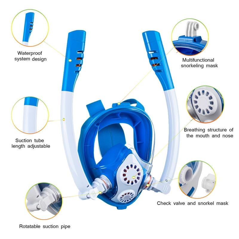 Full Dry Silicone Kids Diving Mask with Double Tubes - White Blue