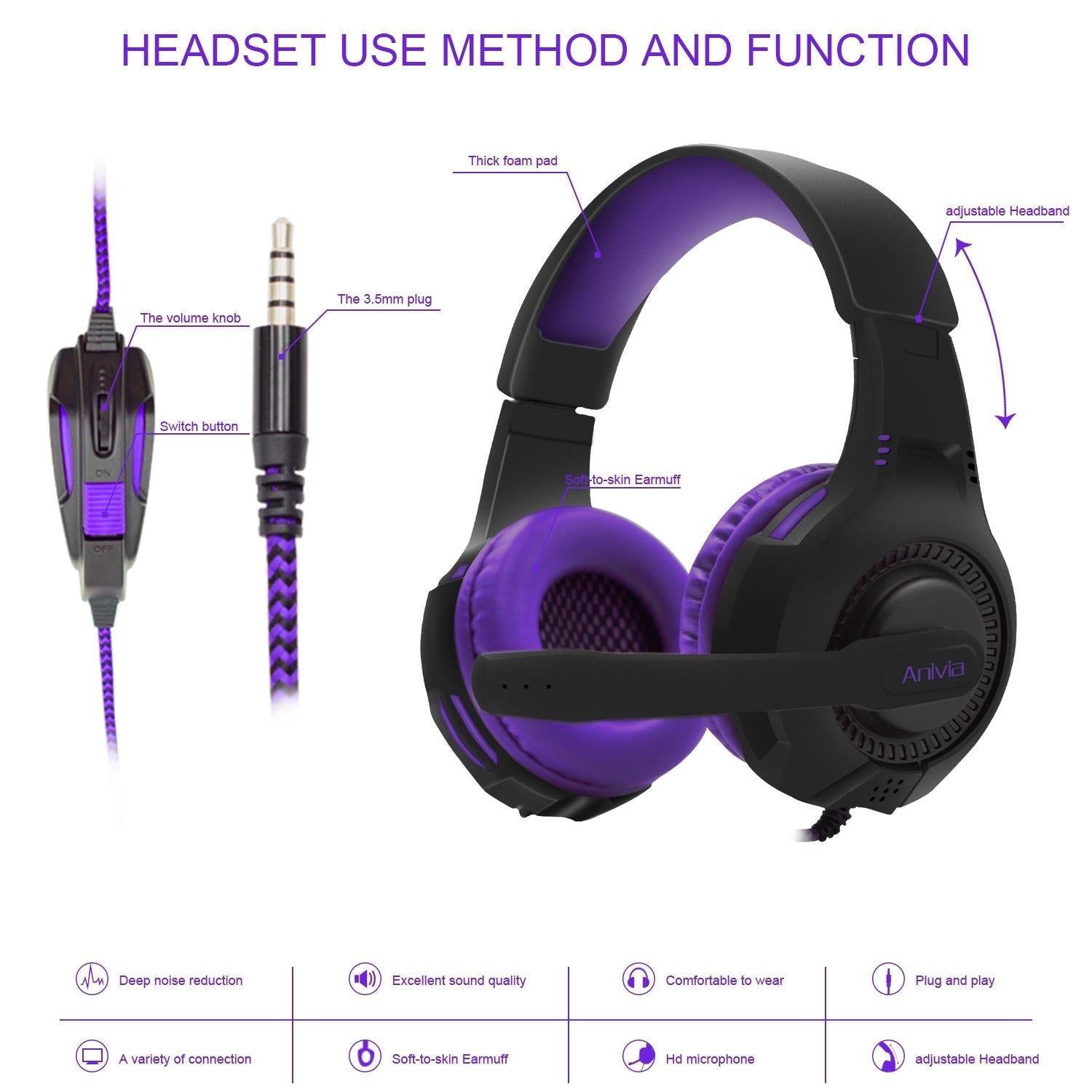 3.5Mm Wired Gaming Headset With Mic Black / Purple