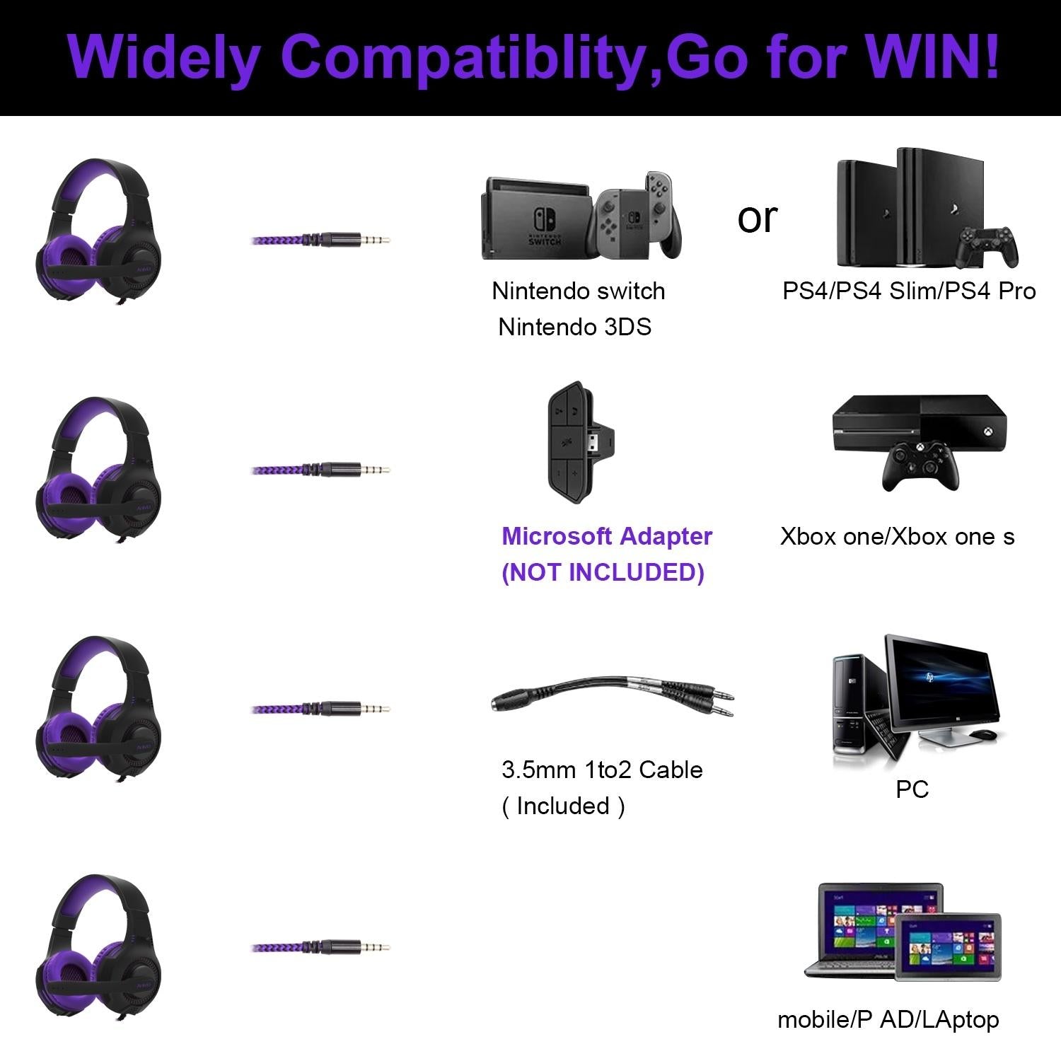 3.5Mm Wired Gaming Headset With Mic Black / Purple