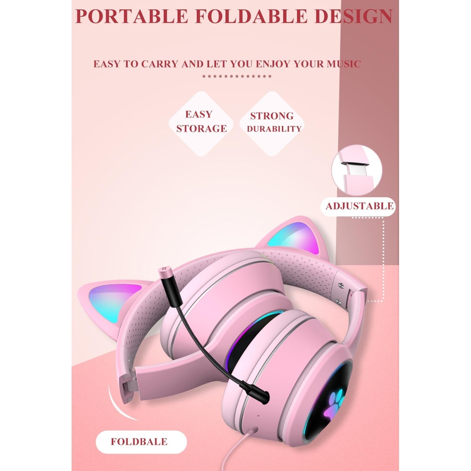 Foldable Led Headset With Mic Usb + 3.5Mm Port - Pink