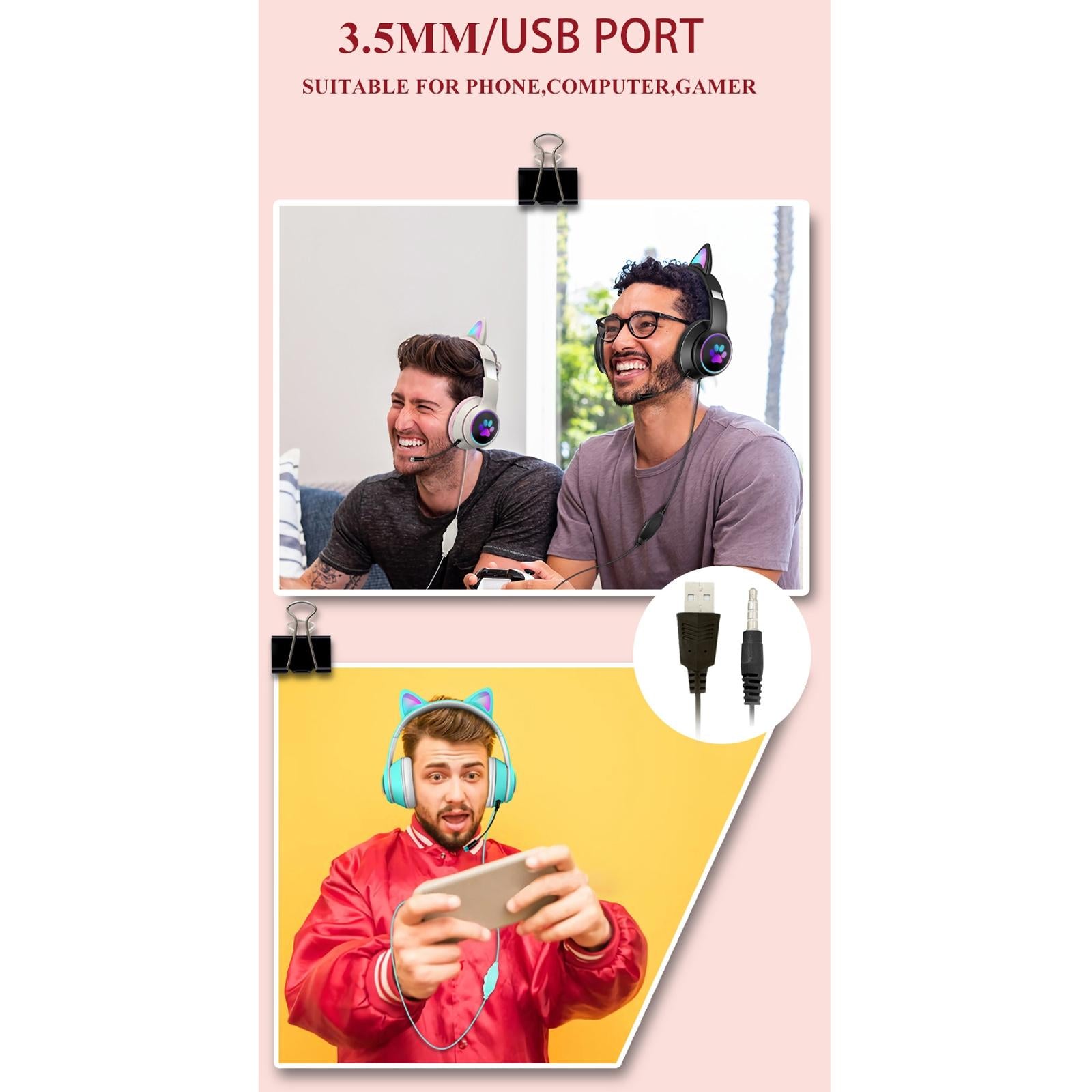 Foldable Led Headset With Mic Usb + 3.5Mm Port - Pink