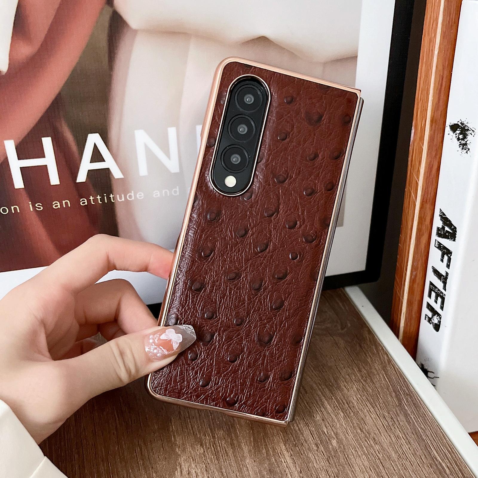 For Samsung Galaxy Z Fold4 5G Ostrich Leather Phone Case - Coffee