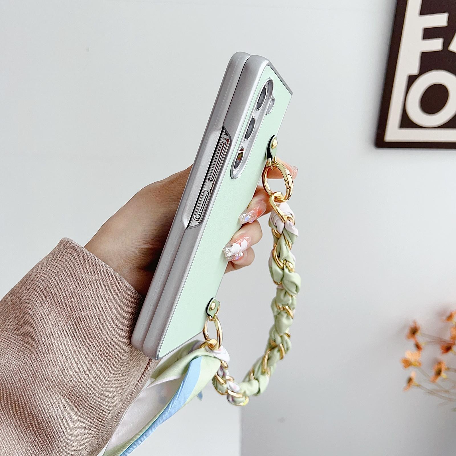 For Samsung Galaxy Z Fold4 5G Leather Phone Case With Metallic Paint And Scarf Bracelet - Pink