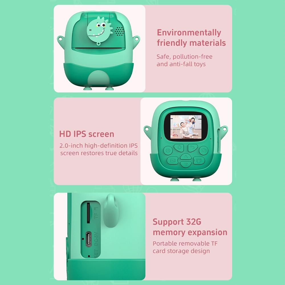 720P Hd Reversible Mini Digital Camera For Children - Cartoon Print - Green