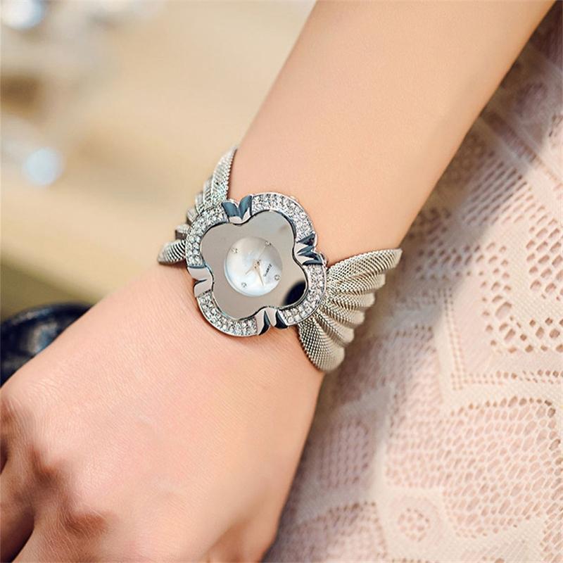Silver Flower Mirror Watch with Diamond Grid Strap for Women