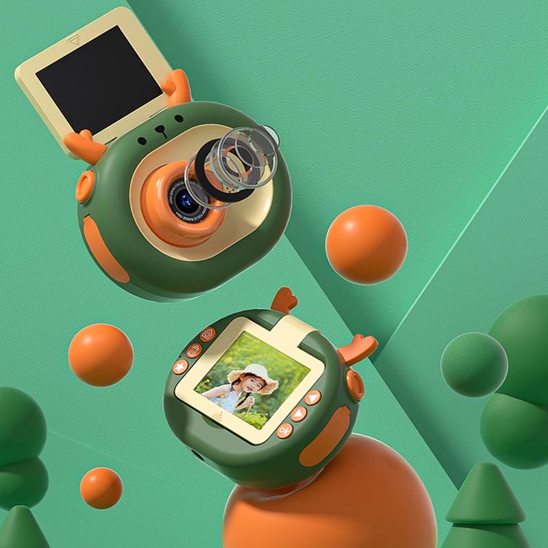 180-degree Flip-screen Cartoon Digital Camera with Stand 2.4-inch 1080p Hd - Dark Green