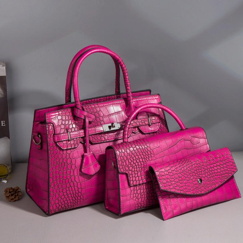 Large Capacity 3-in-1 Crocodile Print Crossbody Tote - Diagonal Design - Rose Red