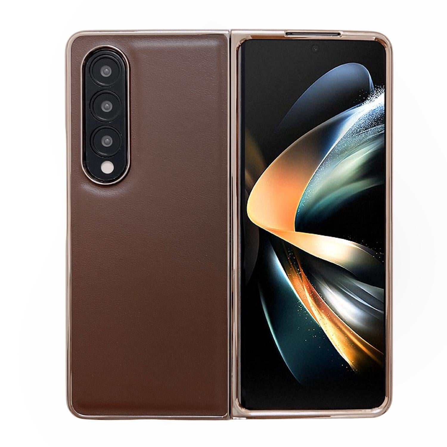 For Samsung Galaxy Z Fold4 5G Xiaoya Series Genuine Leather Plating Case - Coffee