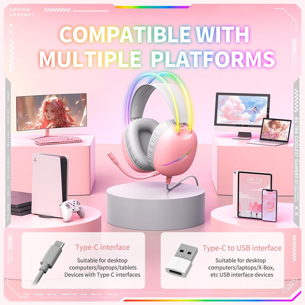 Rgb Light Gaming Headset 2M Cable - Pink