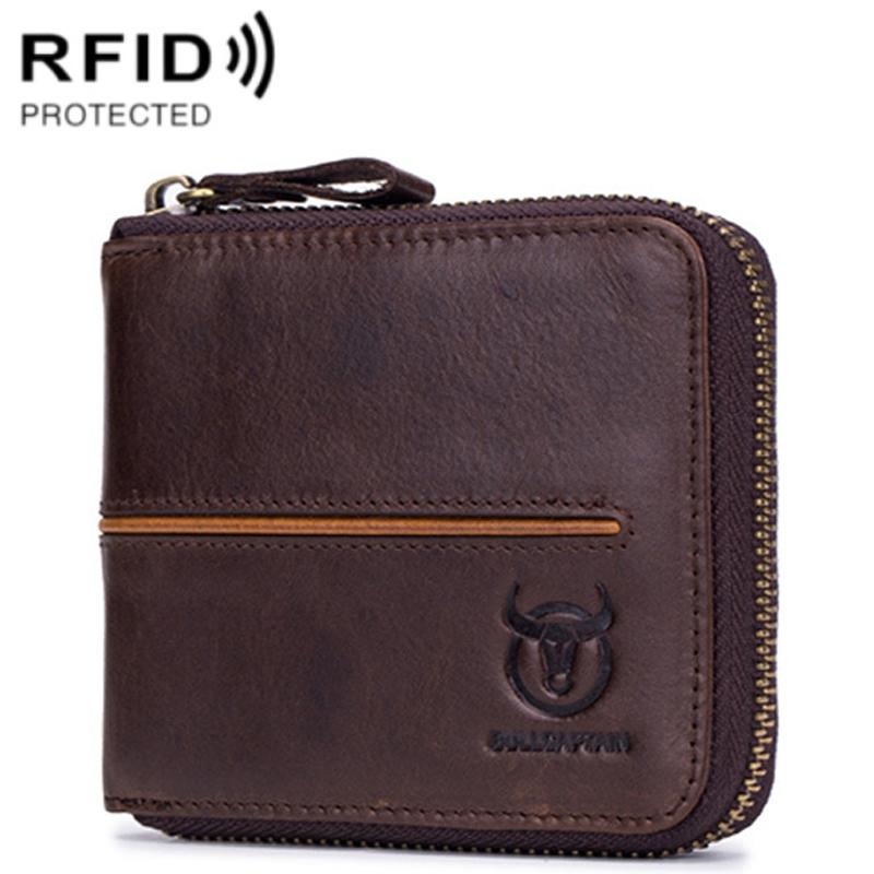 Zippered Cowhide Card Holder with Rfid Protection - Coffee