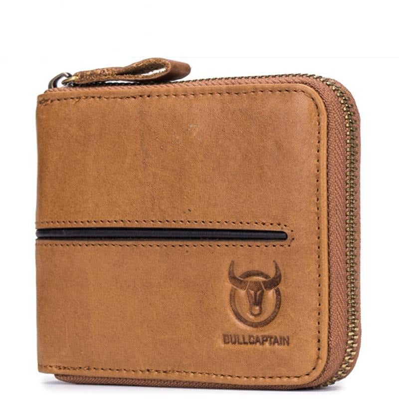 Zippered Cowhide Card Holder with Rfid Protection - Coffee