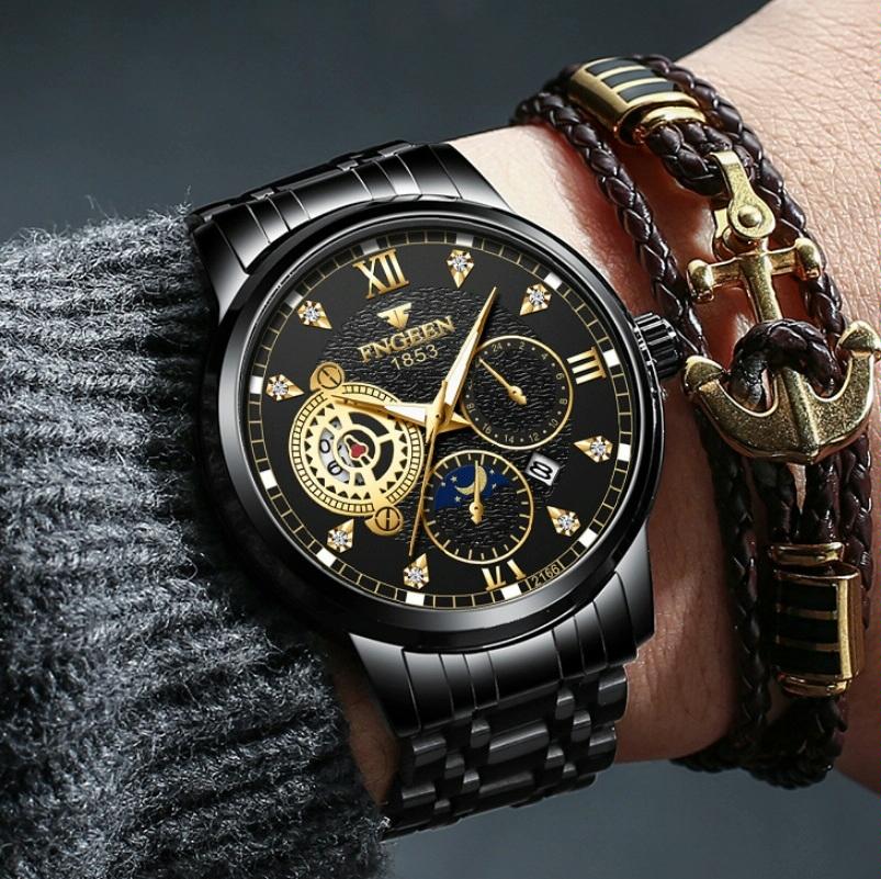 Men Three-eye Hollow Quartz Sports Watch - Between Gold Black Surface