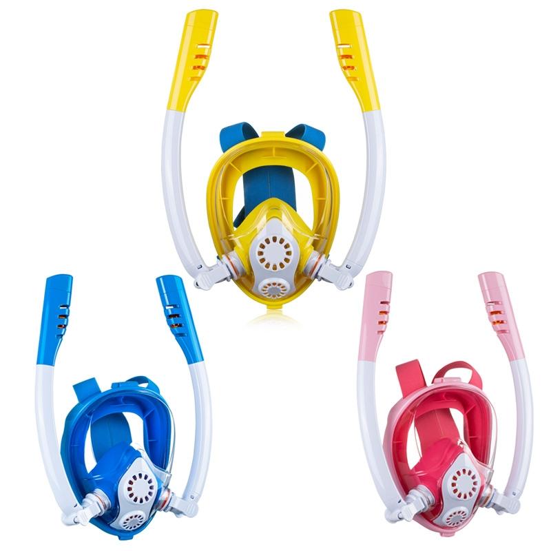 Full Dry Silicone Kids Diving Mask with Double Tubes - White Pink