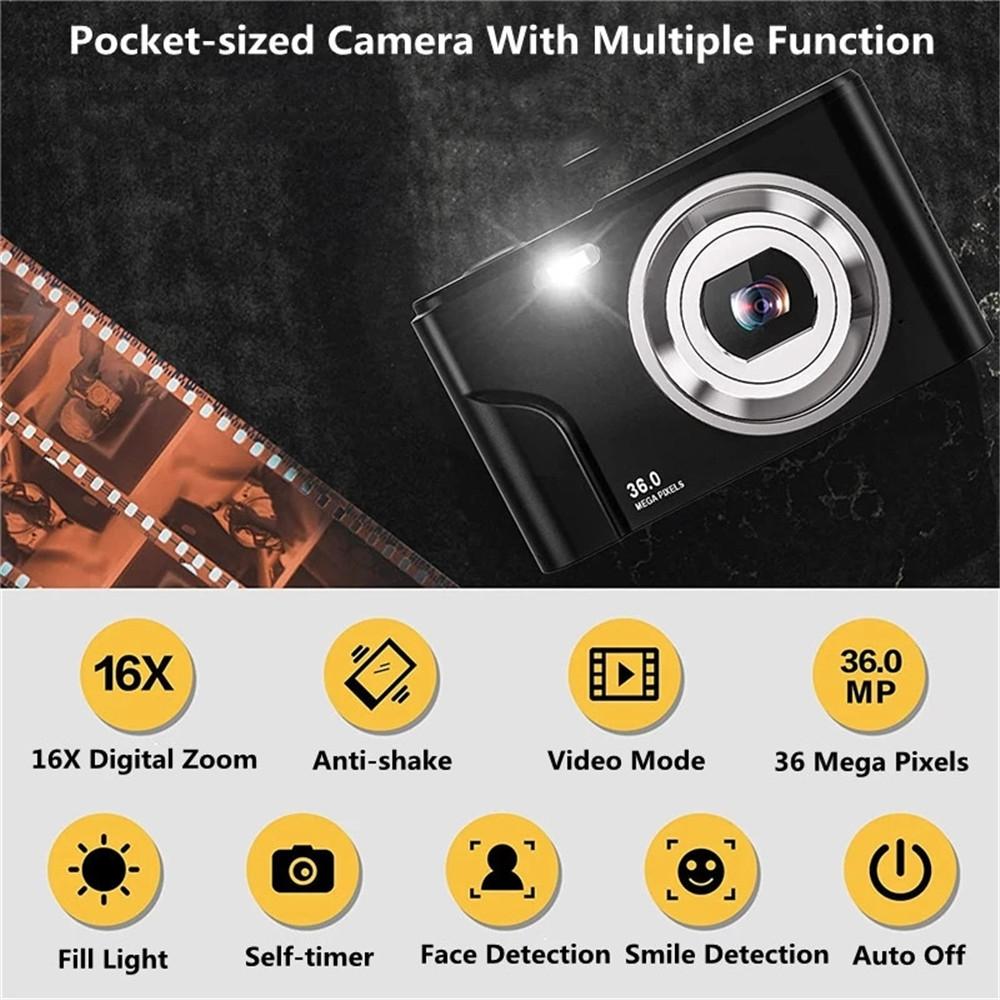 36mp 2.7k Full Hd Digital Camera with 16x Zoom for Children - 2.4 Inch Screen - Black