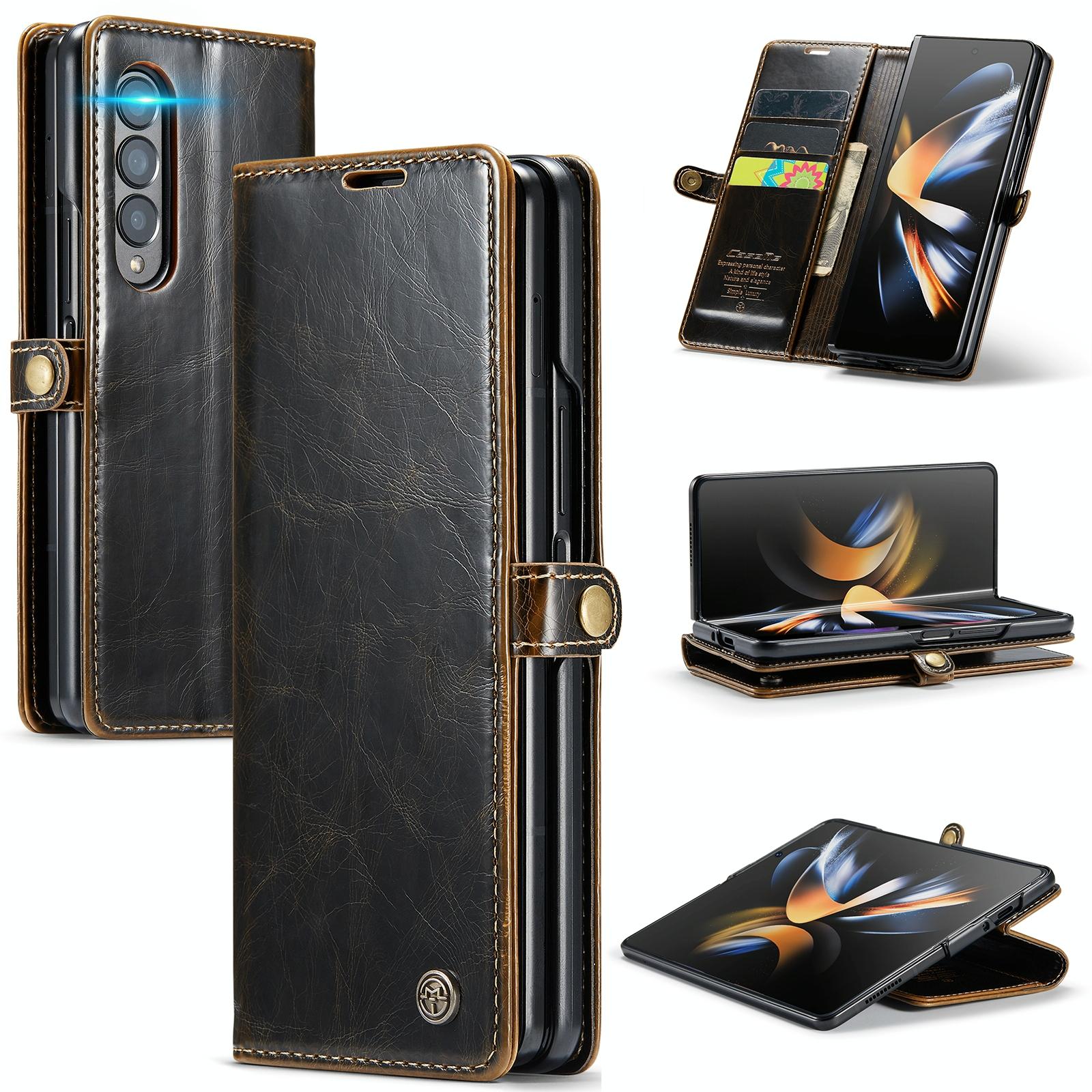 For Samsung Galaxy Z Fold4 5G Premium Crazy Horse Leather Phone Case - Coffee