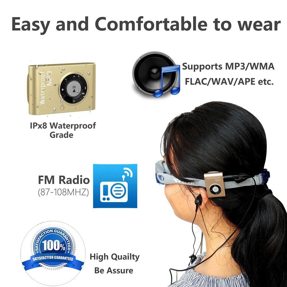 Waterproof Mp3 Player For Swimming & Diving 8Gb Memory Fm Radio Clip & Earphones - Black