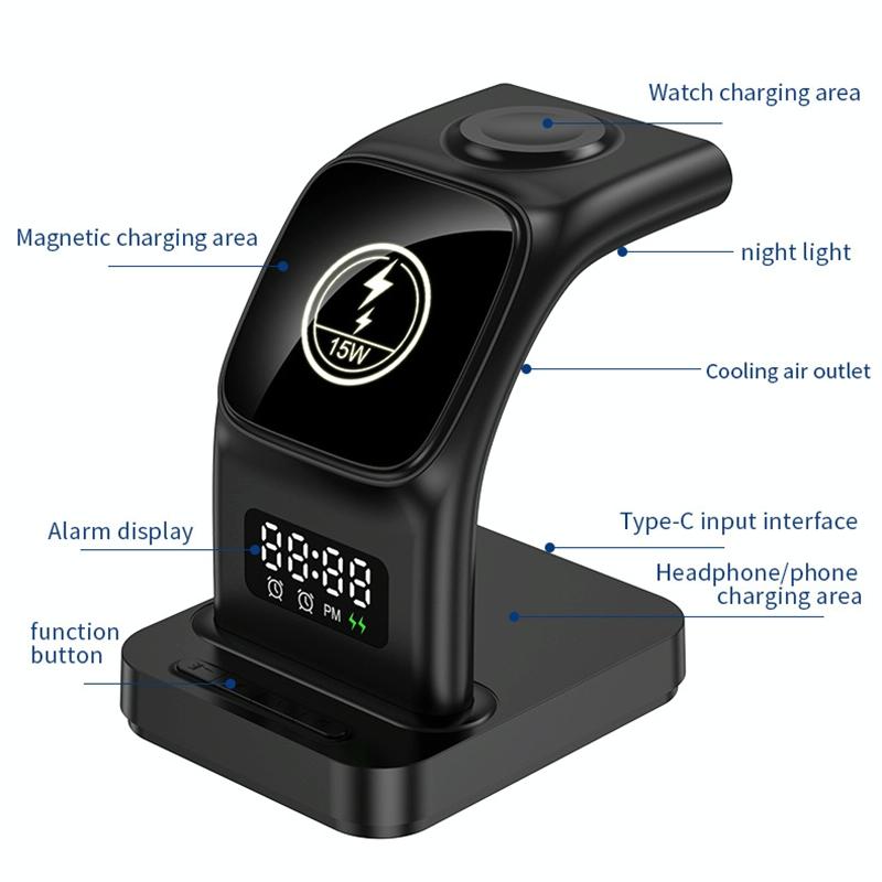 15W Magnetic Wireless Charger With Clock - Black