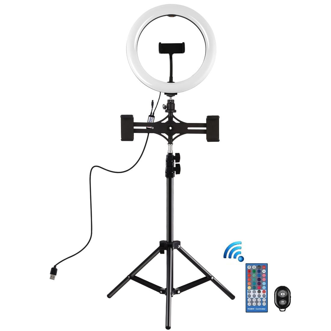 10.2 Curved Rgbw Led Ring Light Kit with Tripod Dual Phone Brackets Remote and Clamp