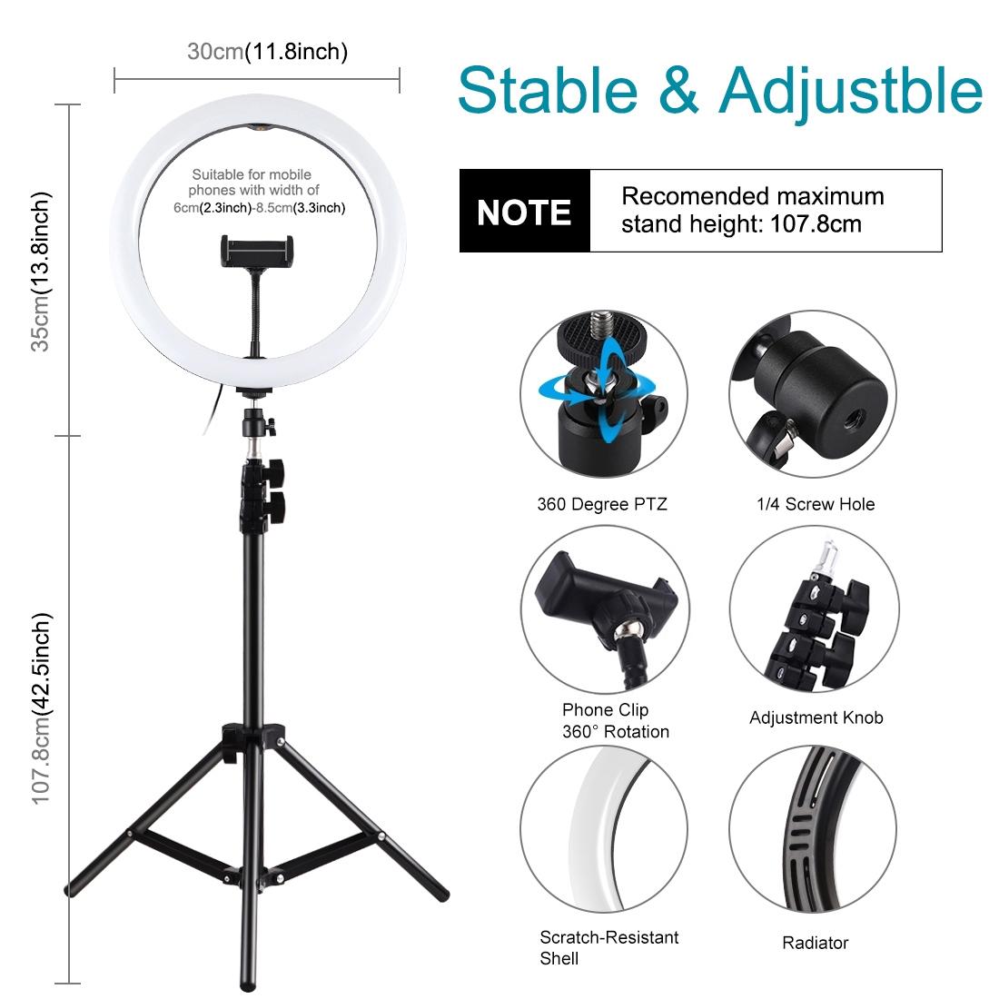 11.8 Led Ring Light Kit with Tripod and Phone Clamp