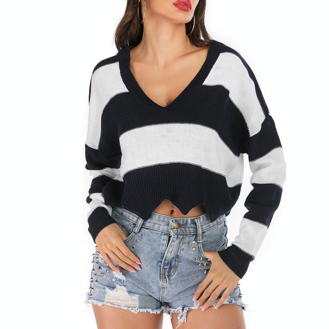 Striped Fashion Casual Pullover - Dark Blue M