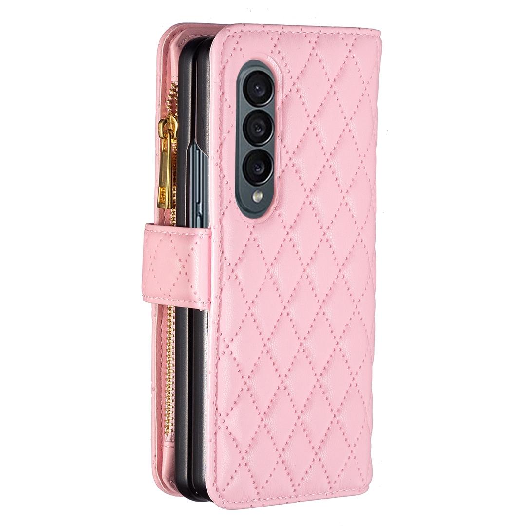 For Samsung Galaxy Z Fold4 5G Leather Zip Wallet - Diamond Lattice Design - Pink