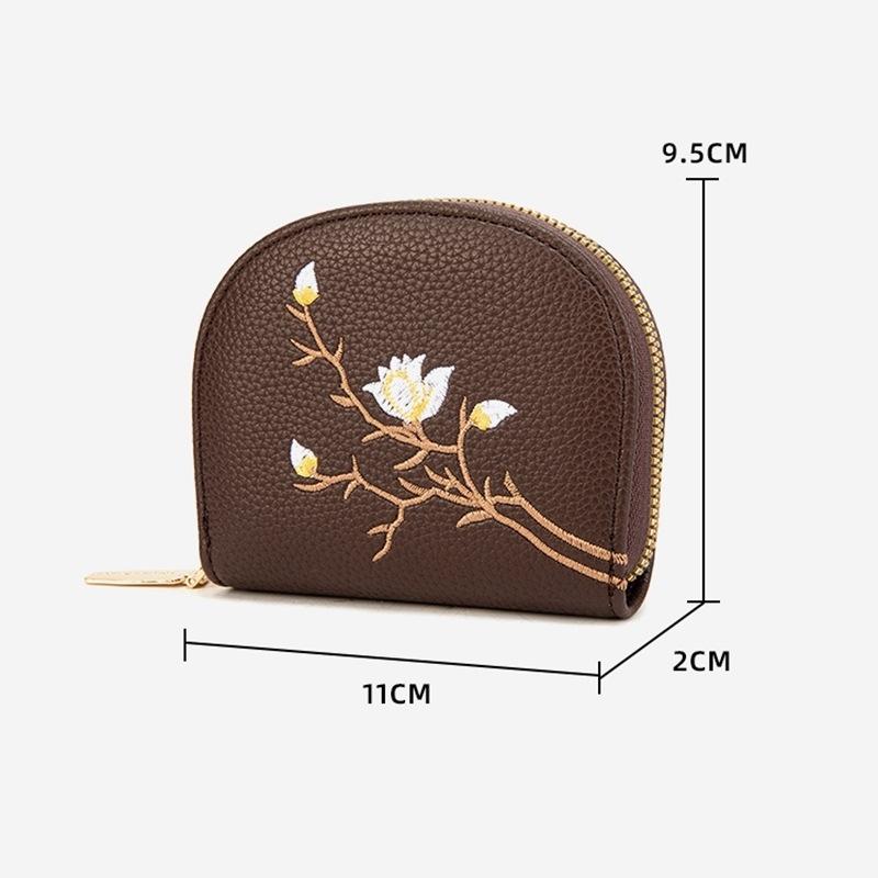 Large Capacity Semicircular Embroidery Id Card Holder - Coffee