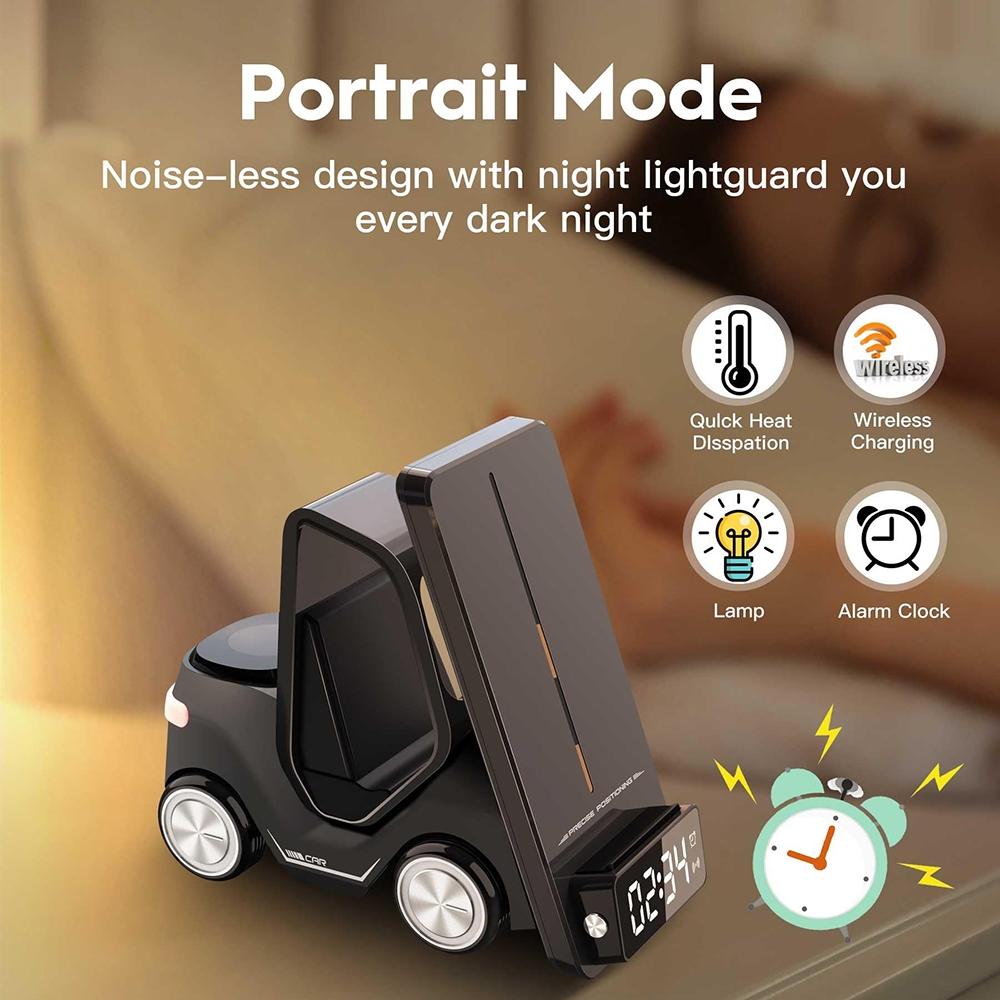 5 In 1 Car Desktop Alarm Clock With Wireless Charging - Yellow